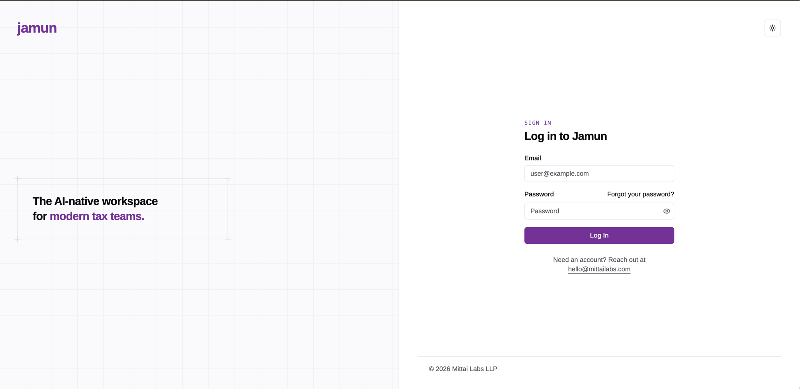 The Jamun workspace sign-in screen